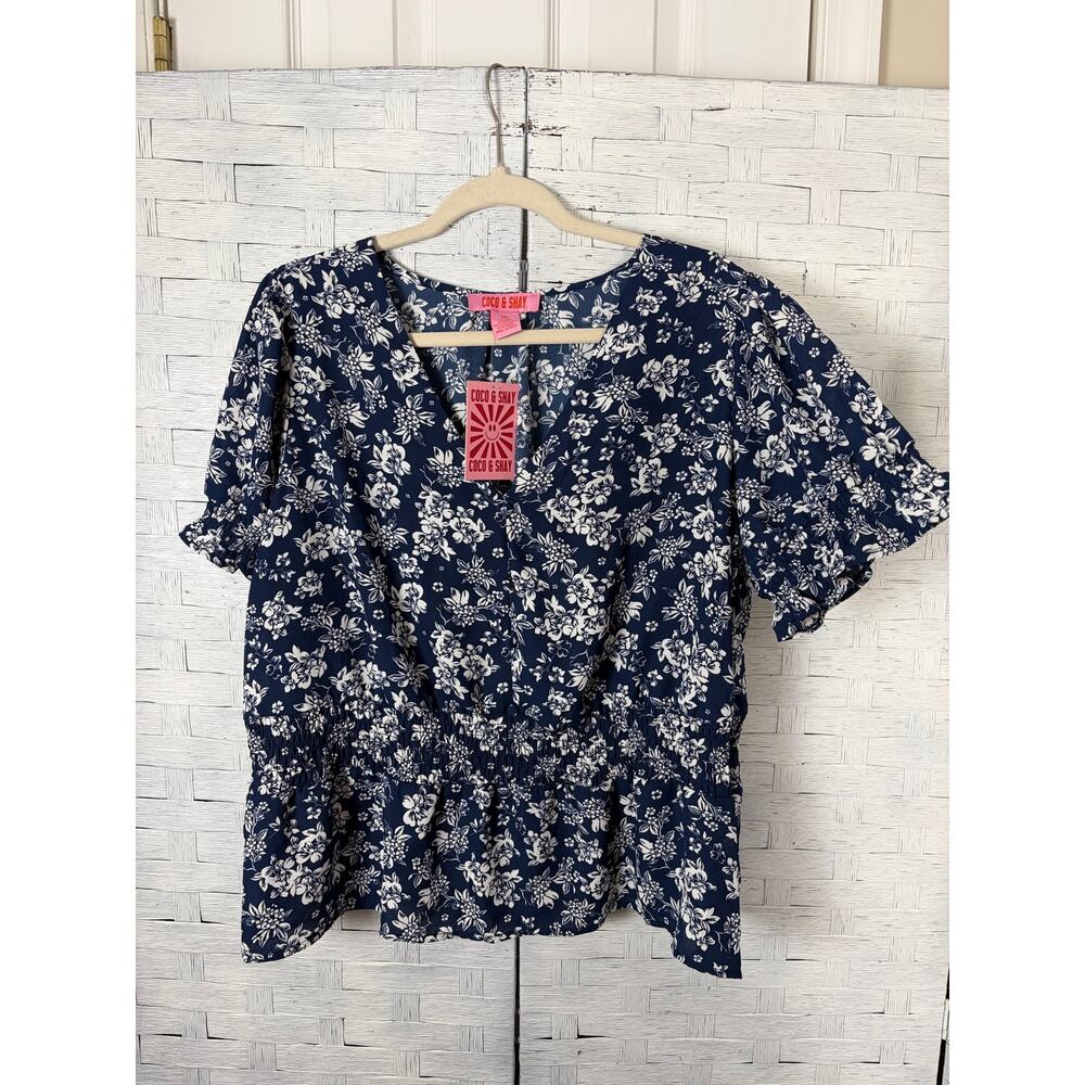 Coco & Shay women's blouse peplum floral‎ balloon sleeve lightweight feminine